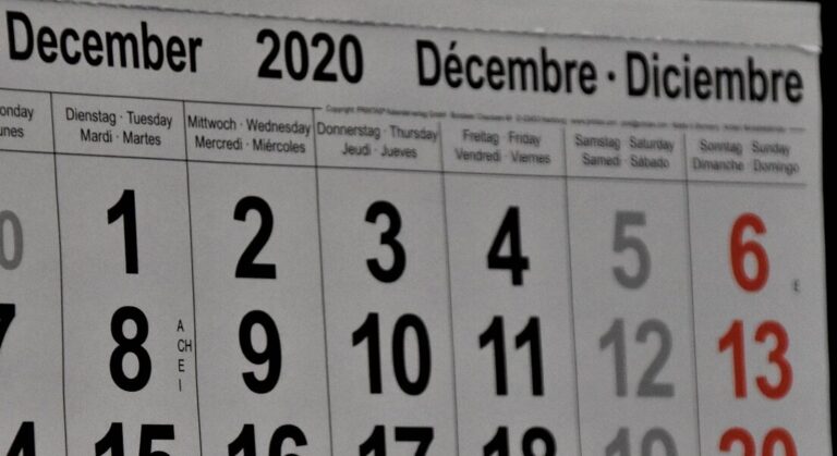Close up of 2020 December Calendar