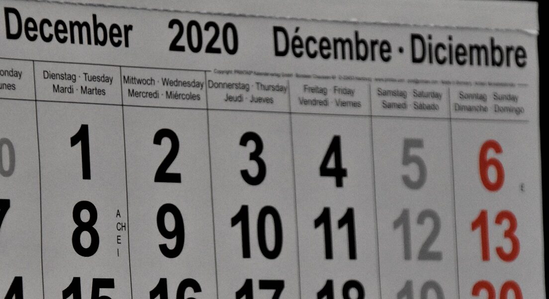 Close up of 2020 December Calendar