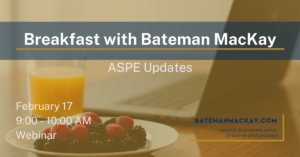 Breakfast with Bateman MacKay banner. berries, juice and a laptop on a desk with webinar details in front