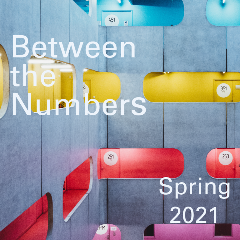 Between the Numbers Spring 2021 Banner with a stairwell and coloured level numbers