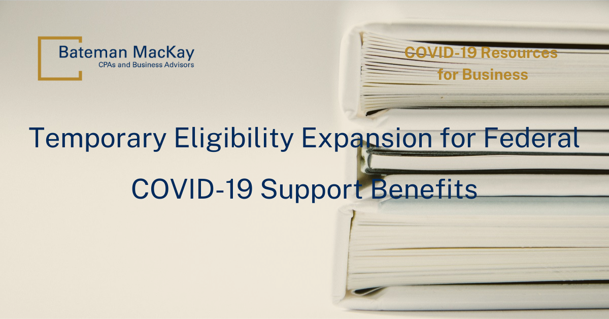 Temporary Eligibility Expansion for Federal COVID-19 Support Benefits header with a stack of white books