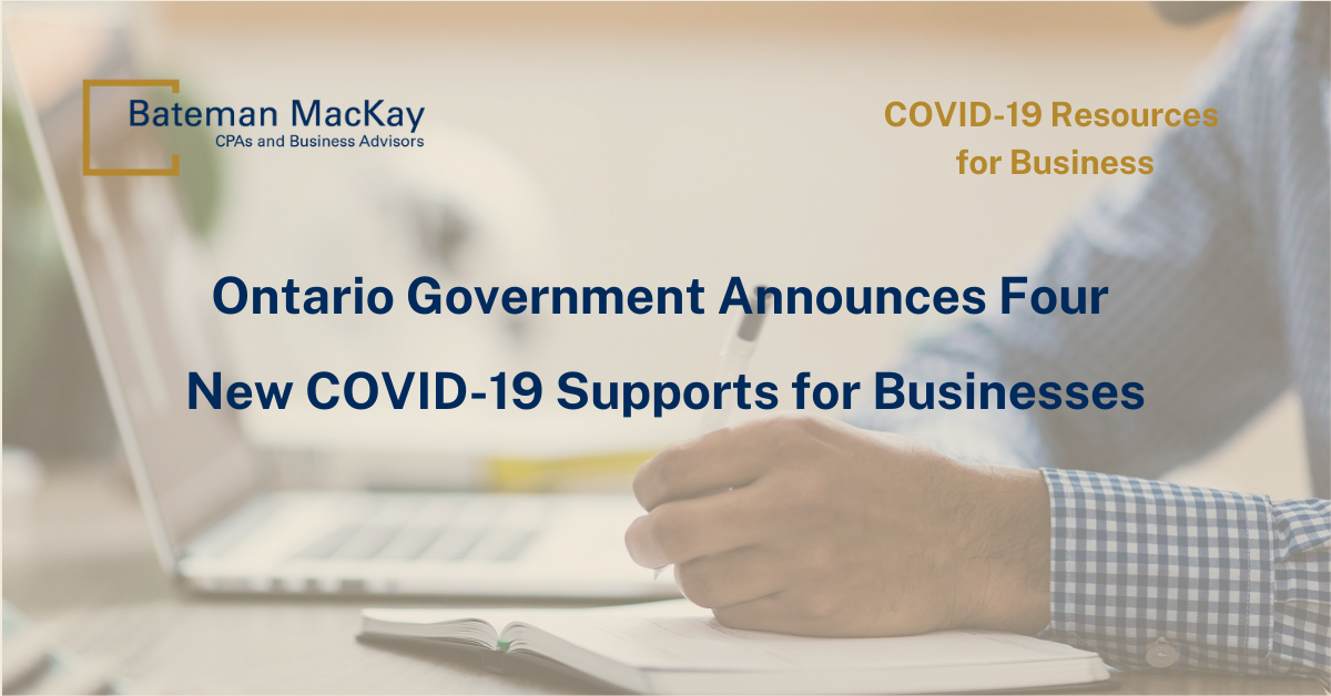 Ontario Government Announces Four New COVID-19 Supports for Businesses banner with a mans writing in a journal and a laptop