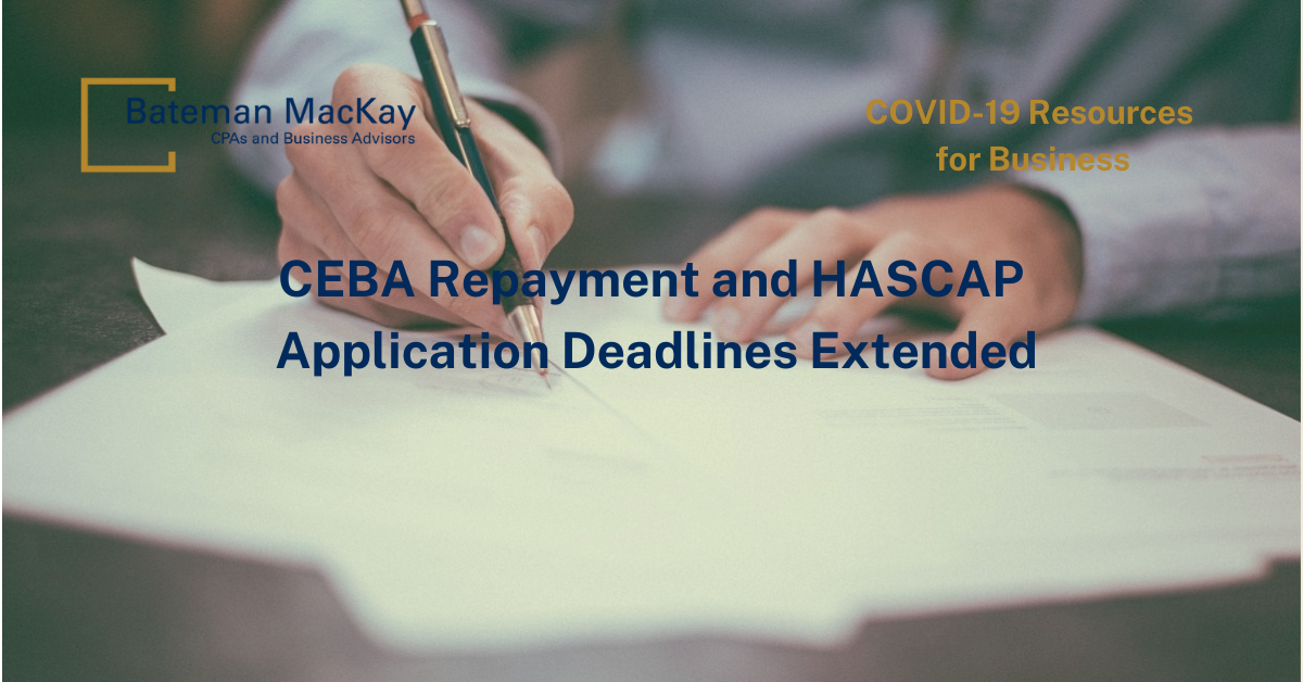 CEBA Repayment and HASCAP Application Deadlines Extended banner with a mans hands signing papers