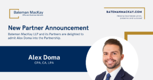 Banner announcing Alex Doma joining Bateman MacKay's Partnership