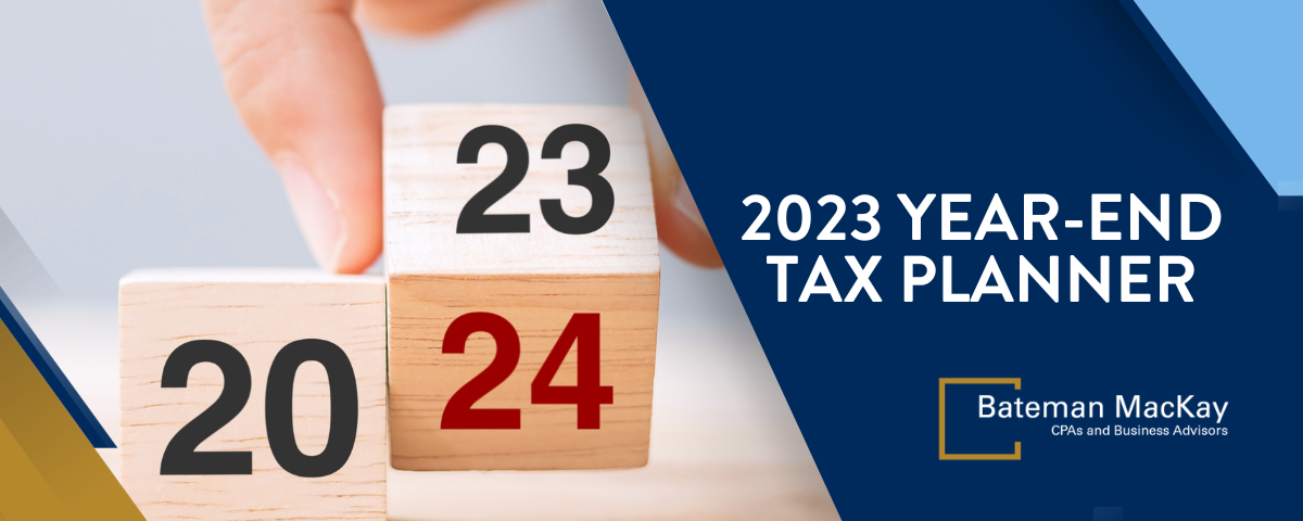 2023 Year end tax planner banner with someone flipping a calendar cube from 23 to 24