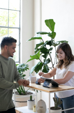 a man paying a woman with a card at a small desk with a plant in the background