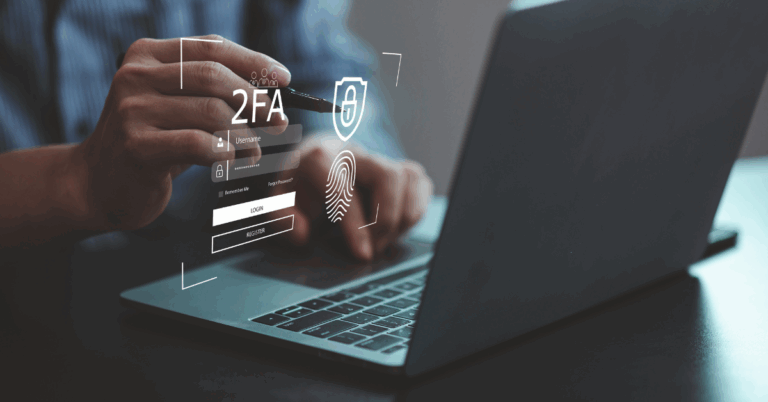 Closeup of a person typing at a laptop with a floating 2FA graphic with lock and password field